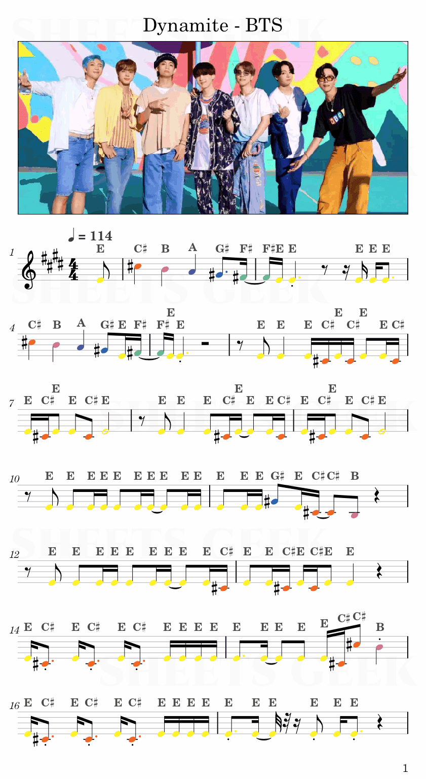 Dynamite - BTS Easy Sheet Music Free for piano, keyboard, flute, violin, sax, cello page 1