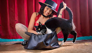 A female dancer and a black cat with a white face in a burlesque theater; the cat is partly inside a magic bag and the dancer is wearing a drill instructor's hat