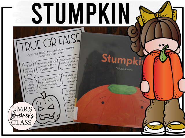 Stumpkin book activities unit with literacy companion printables, reading comprehension worksheets, and lesson ideas for Halloween in Kindergarten and First Grade