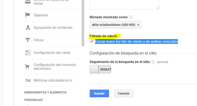 En el Menú que se despliega de la derecha buscamos la opción FILTRADO DE ROBOTS, y escogemos "Excluir todos los hits de robots y de arañas conocidos".