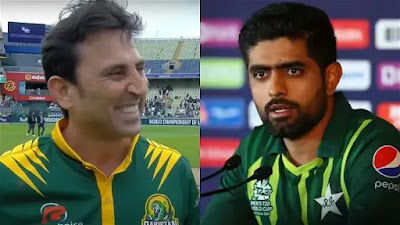 The image shows a split-screen comparison between Younis Khan and Babar Azam, two prominent figures in Pakistan cricket. On the left, Younis Khan is seen smiling and wearing a green and yellow jersey of the Pakistan Champions team during the World Championship of Legends (WCL) 2024 tournament. The background shows a cricket stadium with some spectators and players in the distance. On the right, Babar Azam is captured during a press conference. He is wearing the green jersey of the Pakistan national cricket team, with the T20 World Cup 2024 logo visible. Babar has a serious expression, highlighting the intense scrutiny he faces as the team's captain.