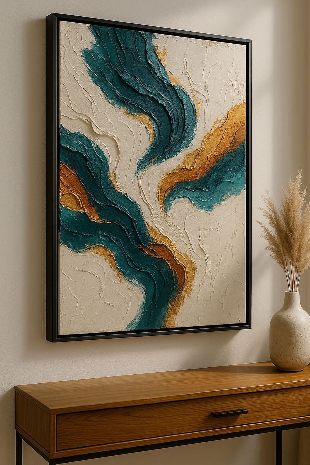 Finished Textured Canvas Art Finished textured abstract canvas art in earthy tones displayed on a neutral wall interior.