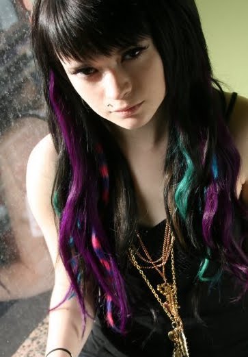 brown hair with purple streaks. Black hair with purple and