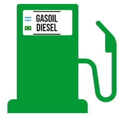 Surtidor de combustible con las leyendas Gasoil para Argentina y Diesel para Brasil