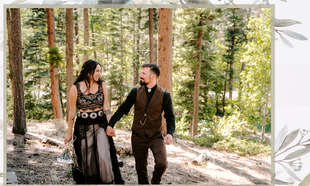 woodland wedding bride and groom black gown