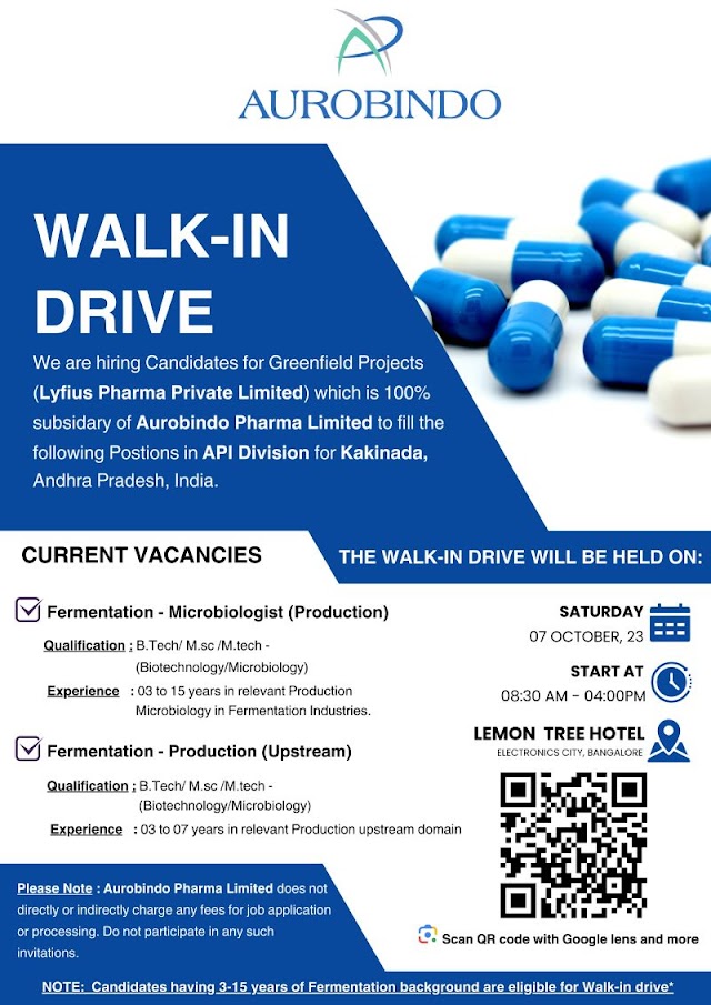 Aurobindo Pharma | Walk-in interview at Bengaluru for Kakinada location on 7th Oct 2023