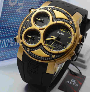 jam tangan Alfa original 047 black rubber ring Gold 