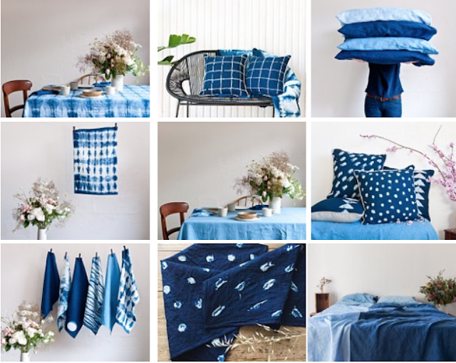 hand dyed Japanese shibori linens and towels in blue and white