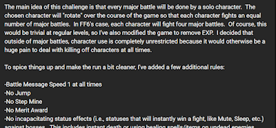 Screenshot of a comically specific and strict final fantasy vi challenge run ruleset.