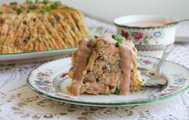 Food Lust People Love: This spicy salmon shrimp loaf is a new take on my popular salmon shrimp burger recipe, baked in a Bundt pan. It is tender and juicy so you don’t need the pink sauce, but I highly recommend it nonetheless. It’s a “meaty” flavorful slice and the perfect main course for your family or even a dinner party. 