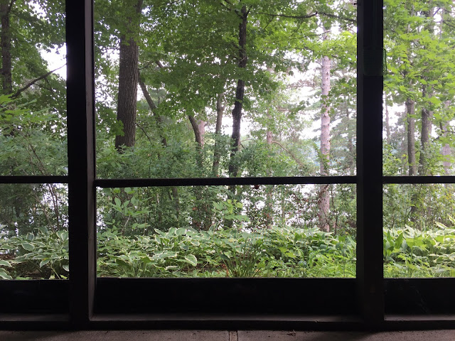 central Minnesota lakeside cabin home with dark exterior board and batten and screened in porch