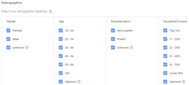 google ads audience settings by age, gender...