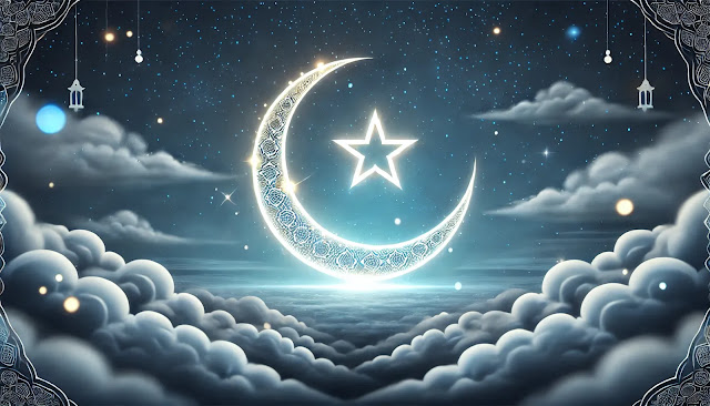 A crescent moon and star glowing softly in a serene night sky, symbolizing peace and spirituality in Islam.