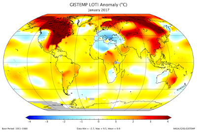 Do Instituto Goddard da NASA  para Estudos Espaciais  Um mapa da anomalia de LOTI de janeiro de 2017 (índice de temperatura terra-oceano) mostra que a maior parte da América do Norte e da Sibéria foram muito mais quentes do que o período de base de 1951-1980. Grande parte do resto da Ásia também foi relativamente quente. Partes da Antártica são cinzentas porque os dados das estações lá não tinham sido recebidos ainda. Crédito: NASA / GISS.  Janeiro de 2017 foi o terceiro mais quente de janeiro em 137 anos de registros modernos, de acordo com uma análise mensal das temperaturas globais por cientistas do Instituto Goddard da NASA para Estudos Espaciais (GISS) em Nova York.  A temperatura do mês passado foi de 0,20 graus Celsius mais frio do que o mais quente de janeiro de 2016. No entanto, foi 0,92 graus Celsius mais quente do que a temperatura média de janeiro de 1951-1980.  Duas das três principais anomalias de temperatura de janeiro foram nos últimos dois anos. 2016 foi o mais quente no registro, a 1,12 graus Celsius mais quente do que a temperatura média de janeiro, seguido por 2007 em 0,96 graus Celsius mais quente. Janeiro de 2017 colocado em terceiro lugar.  A análise mensal da equipe do GISS é montada a partir de dados disponíveis publicamente adquiridos por cerca de 6.300 estações meteorológicas em todo o mundo, instrumentos baseados em navios e bóias que medem a temperatura da superfície do mar e estações de pesquisa na Antártica.   As anomalias mensais de temperatura do GISTEMP sobrepõem-se a um ciclo sazonal médio 1980-2015.Crédito: NASA / GISS. O registro de temperatura global moderno começa por volta de 1880 porque observações anteriores não cobriram o suficiente do planeta. As análises mensais são por vezes atualizadas quando dados adicionais se tornam disponíveis e os resultados estão sujeitos a alterações.  Links Relacionados Para obter mais informações sobre a análise mensal da temperatura da NASA GISS, visite  data.giss.nasa.gov/gistemp .  Para obter mais informações sobre a NASA GISS, visite  www.giss.nasa.gov .  Contatos de mídia Michael Cabbage   Instituto de Estudos Espaciais da NASA Goddard  New York, NY  212-678-5516  mcabbage@nasa.gov   Leslie McCarthy  NASA Instituto Goddard para Estudos Espaciais  New York, NY  212-678-5507  leslie.m.mccarthy@nasa.gov