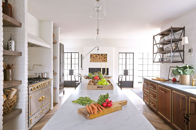 Classic Decor in kitchen of French Tudor Renovation by Summer Thornton