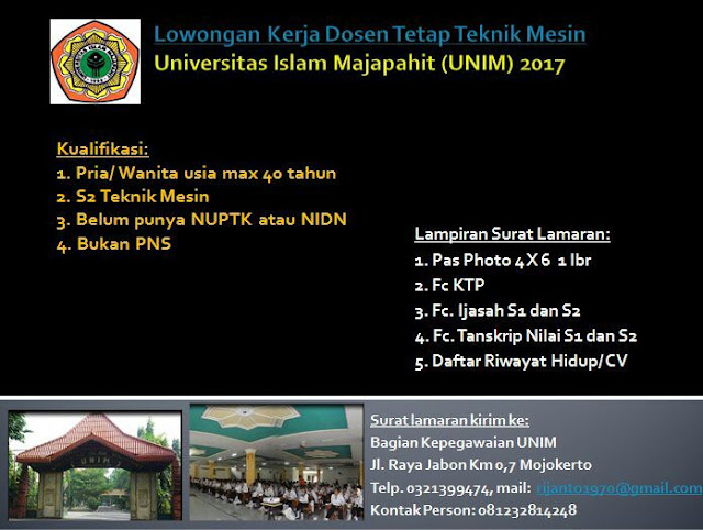 lowongan dosen, dosen teknik mesin, UNIM, Universitas Islam Majapahit, agustus 2017