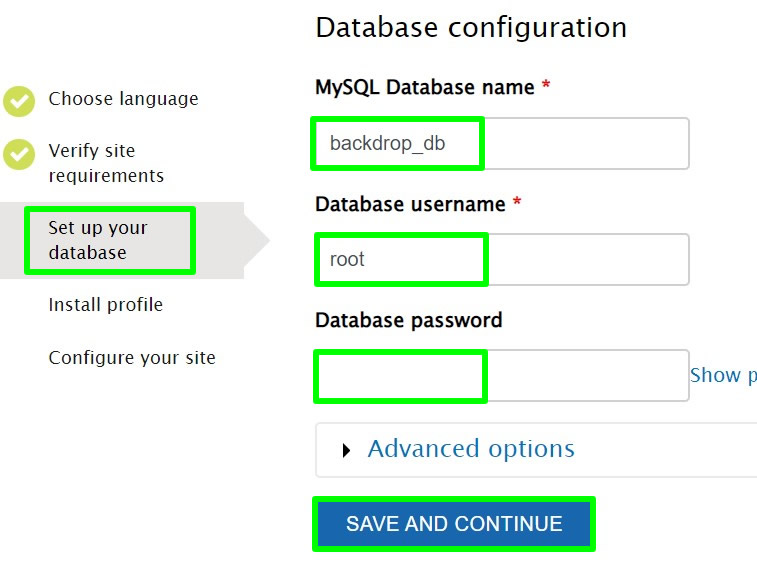 backdrop cms installation database configuration localhost