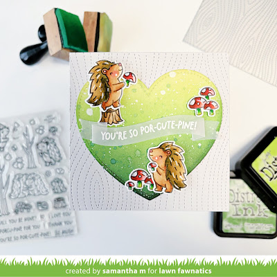 You're So Por-Cute-Pine Card by Samantha M for Lawn Fawnatics Challenge, Lawn Fawn, Distress Inks, Die Cutting, Shape Card, Porcupines, Valentine, Love Card, Woodgrain #lawnfawnatics #lawnfawn #valentine #love #heartcard #cardmaking #handmadecards