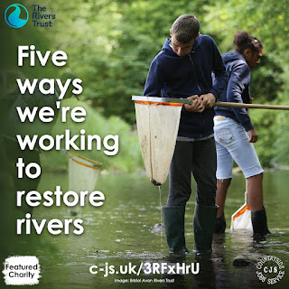 people in wellingtons standing in a river with nets, one looking in to the net. Text reads: Five ways we're working to restore rivers.
