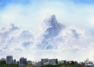 水彩画　夏の雲　Summer Cloud. Watercolor. 　江戸川の土手から見た入道雲です。