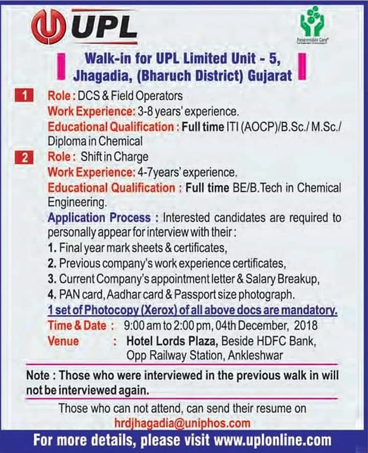 Walk-in for UPL Limited   Unit - 5, Jhagadia, (Bharuch District) Gujarat