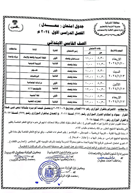 جدول امتحانات محافظة الشرقية المعدل ترم أول2024 %D8%AD%D8%A7%D9%85%D8%B3