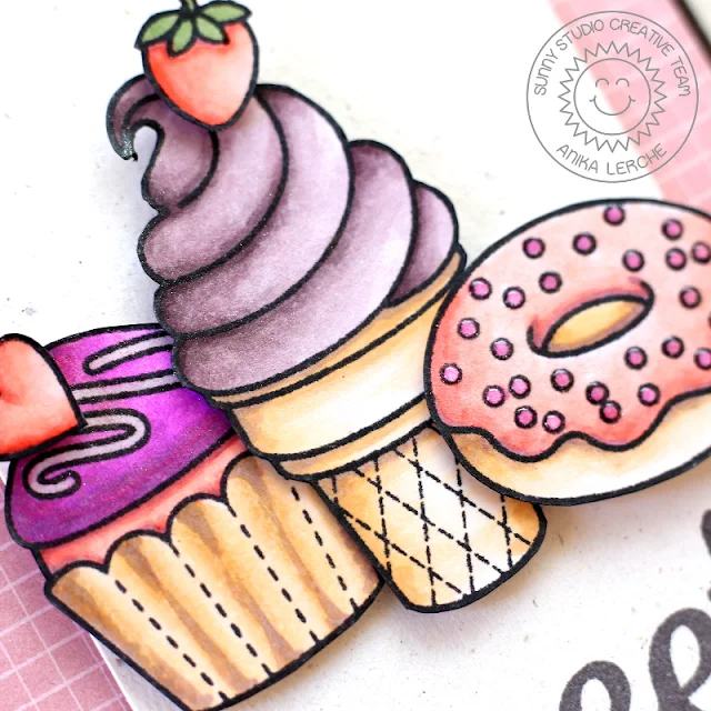 Sunny Studio Stamps: Sweet Shoppe & Fishtail Banners Ice Cream, Cupcake & Donut card by Anni Lerche.