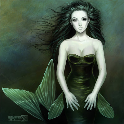 pisces, stunning woman in green with fish tail