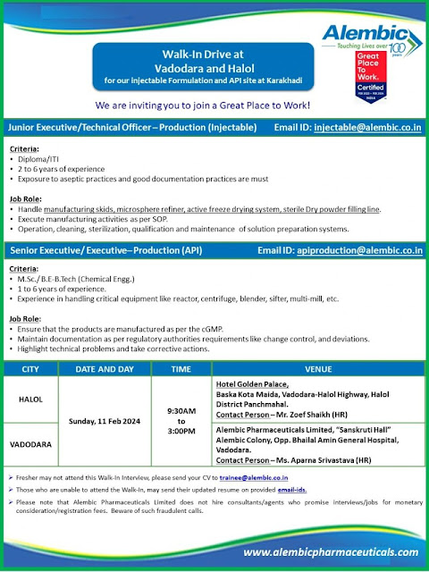 Alembic Walk in Interview For MSc/ BE/ BTech Chemical/ Diploma/ ITI - Production