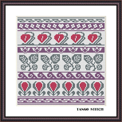 Violet floral cross stitch ornament sampler needle art - Tango Stitch
