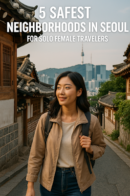서울 북촌 한옥마을을 배경으로 혼자 여행 중인 한국 여성이 미소 지으며 걷는 모습, 뒤로는 N서울타워와 도심 고층 빌딩이 보임
