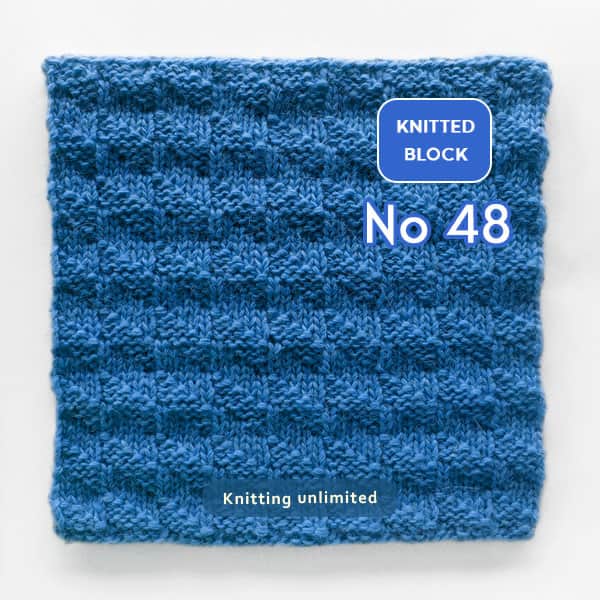 Knitted square no. 48 is an easy pattern that only requires basic knit and purl stitches over 8 rows. The best part is that it's reversible and identical on both sides, so you don't have to worry about which side is the right side. Plus, it doesn't curl like some other patterns do.