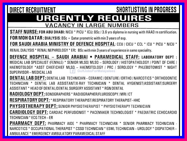 Direct Recruitment For Ministry Of Health Qatar & Defence Hospital KSA, Abudhabi