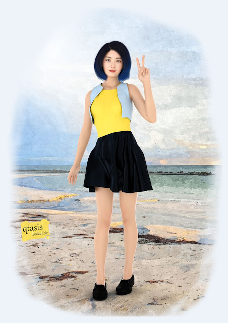 Asiatische Zoo Liebhaberin Sonia, im schwarzen Minirock, gelben Top und blauer Weste, zeigt gut gelaunt die Victory Handgeste. | Asian zoo lover Sonia, in a black miniskirt, yellow top and blue vest, shows the victory hand gesture in a good mood.