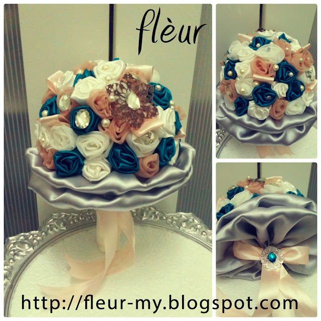 Teal, peach, grey, ivory white, pearls, handmade hand bouquet by Fleur.