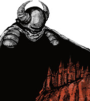 Abstract painting of knight looming over castle