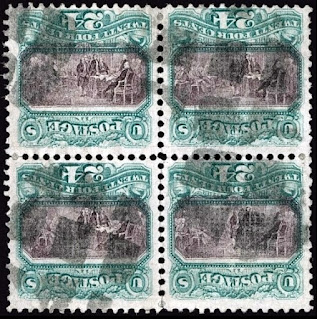 Image: The block of four of the 1869 24c United States stamps with inverted centre from the Gross collection (shown inverted) | Wikimedia Commons in the public domain | https://commons.wikimedia.org/wiki/File:1869_24c_United_States_stamps_with_inverted_centre.jpg