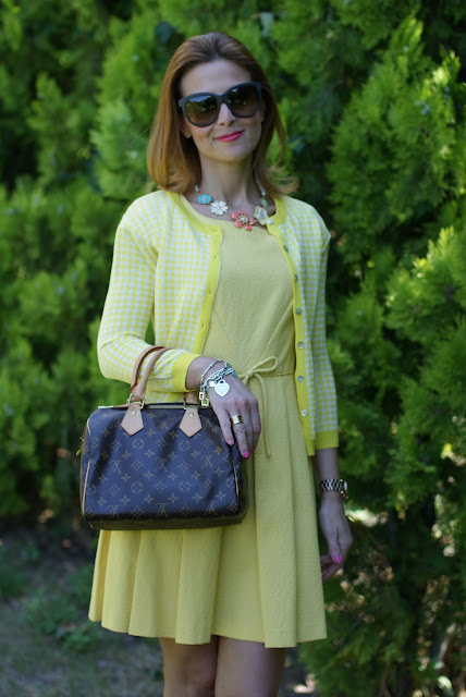 yellow bon ton dress, LV Speedy 25, BVLGARI ring, Fashion and Cookies