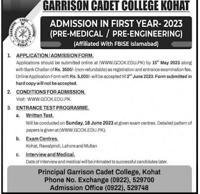 GARRISON CADET COLLEGE KOHAT New Job