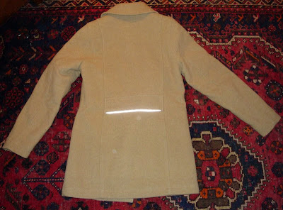 modified cycling coat LL Bean car coat camel wool 3M Scotchlite reflective tape flashed