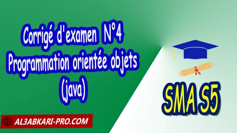 Corrigé d'examen 4 Informatique: programmation orientée objets (java), SMA S5 Programmation orientée objets (java) Informatique sma s5 programmation orientée objets java programmation classe polymorphisme objets Application Interaction Réutiliser étendre Héritage généricité encapsulation abstraction de données C++ Sciences Mathématiques et Applications Semestre 5 SMIA S5 Cours de Informatique: programmation orientée objets (java) Résumé cours de Informatique: programmation orientée objets (java) Travaux pratiques de Informatique: programmation orientée objets (java) Exercices corrigés de Informatique: programmation orientée objets (java) Série d'exercices corrigés de Informatique: programmation orientée objets (java) Contrôle corrigé de Informatique: programmation orientée objets (java) Examens corrigés de Informatique: programmation orientée objets (java) Problèmes corriges de Informatique: programmation orientée objets (java) Travaux dirigés td de Informatique: programmation orientée objets (java) Modules de Semestre 5 Sciences Mathématiques et Applications Faculté Science Université Faculté des Sciences Facultés des sciences et Techniques