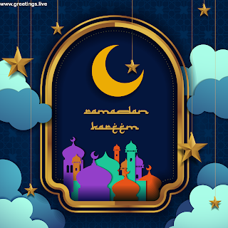 Ramadan Kareem 2019 images crescent moon Mosque hanging stars clouds islamic window frame