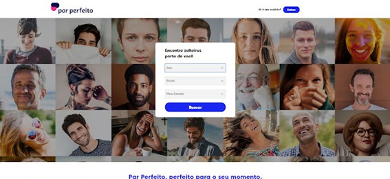 Um retângulo com várias fotos de rosto de homens e mulheres, de várias etnias, cadastrados no site de namoro Par Perfeito.