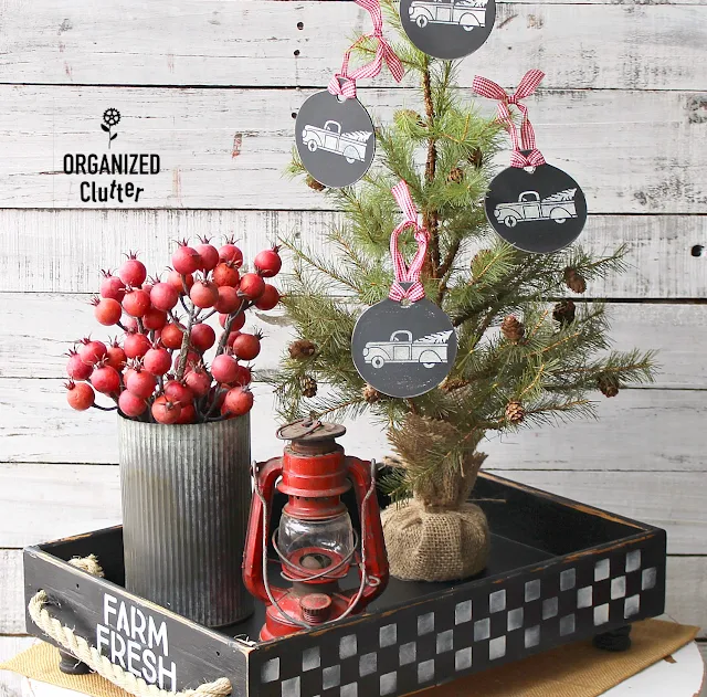 Repurposed/Upcycled Drawer Farmhouse Container Vignette & Tree Ornaments #stencil #Christmas #containervignette #farmhouseChristmas #Farmhouse #Checks #dixiebellepaint