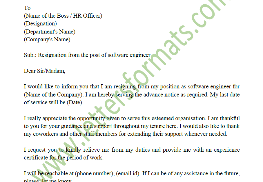 Sample Resignation Letter Format For Software Engineer