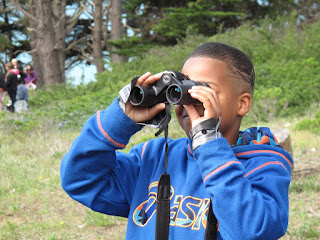 Boy looks through binoculars