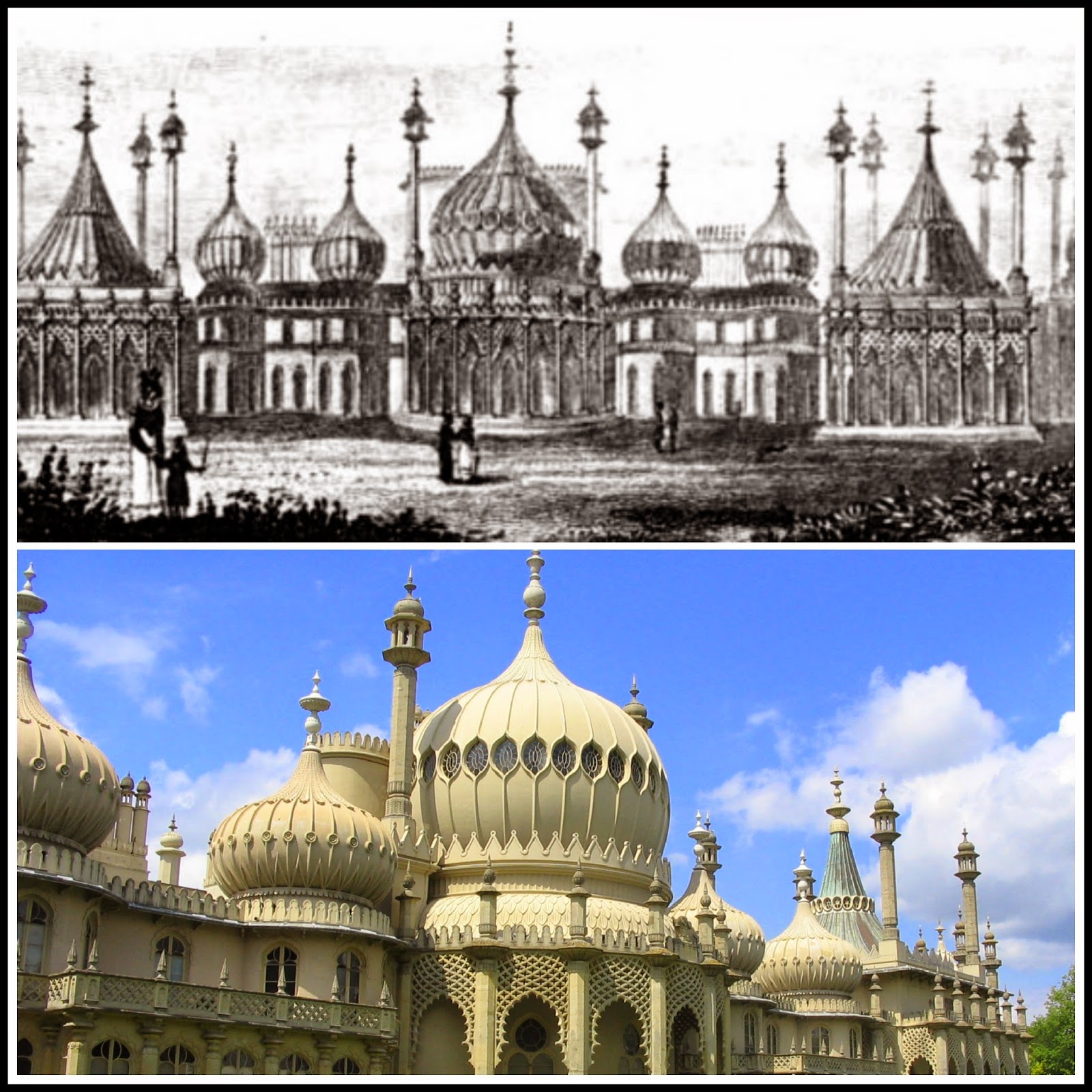 Brighton Pavilion  Top: From History of Brighton and its environs by R Sickelmore (1827)  Bottom: Brighton Pavilion today © Andrew Knowles