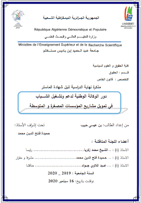 مذكرة ماستر: دور الوكالة الوطنية لدعم وتشغيل الشباب في تمويل مشاريع المؤسسات المصغرة والمتوسطة PDF