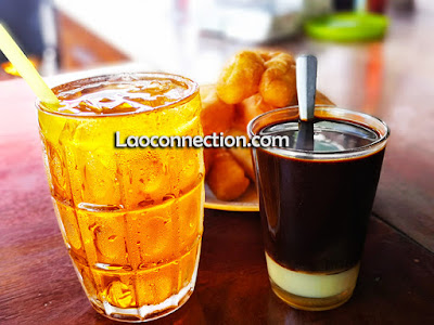 Lao ice tea, Lao coffee,  and fried bread dough