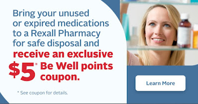 Rexall Banner image opens on the Rexall website in a new window Text: Bring your unused or expired medications to a Rexall pharmacy for safe disposa and receive an exclusive $5 BeWell points coupon.  l